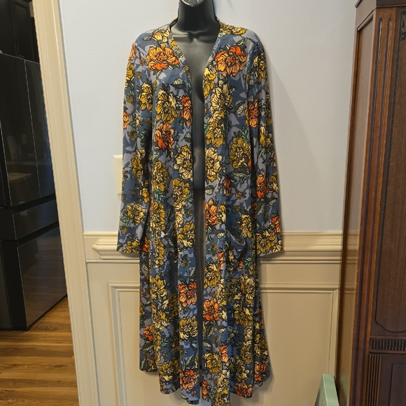 LuLaRoe "Sarah" size XL Blue and Yellow Floral Knit Maxi Cardigan - Picture 1 of 5